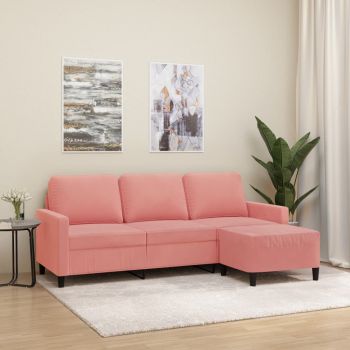 vidaXL Canapea cu 3 locuri și taburet, roz, 180 cm, catifea