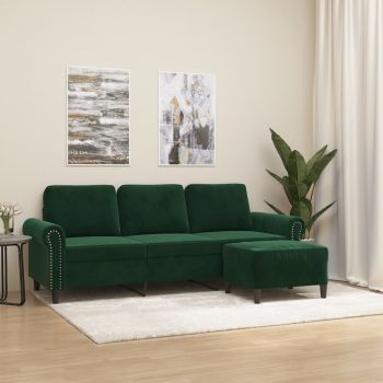 vidaXL Canapea cu 3 locuri și taburet, verde închis, 180 cm, catifea