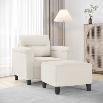 vidaXL Fotoliu canapea cu taburet, crem, 60 cm, piele ecologică