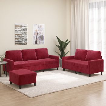 vidaXL Set canapea cu perne, 3 piese, roșu vin, catifea