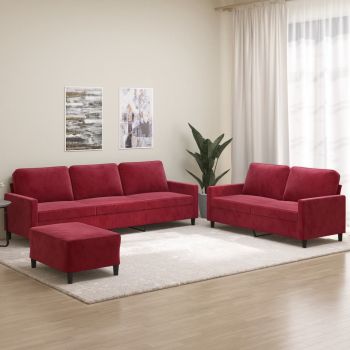 vidaXL Set canapea cu perne, 3 piese, roșu vin, catifea vidaXL Set canapea cu perne, 3 piese, roșu vin, catifea