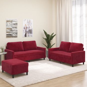 vidaXL Set canapea cu perne, 3 piese, roșu vin, catifea vidaXL Set canapea cu perne, 3 piese, roșu vin, catifea