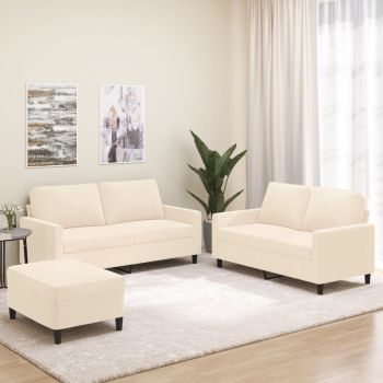 vidaXL Set de canapele cu perne, 3 piese, crem, catifea vidaXL Set de canapele cu perne, 3 piese, crem, catifea