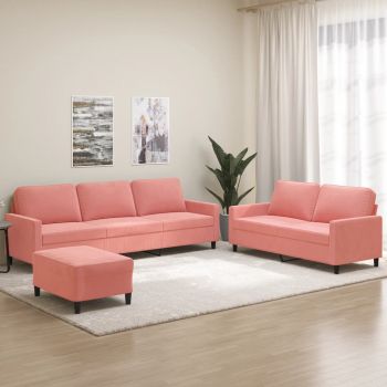 vidaXL Set de canapele cu perne, 3 piese, roz, catifea