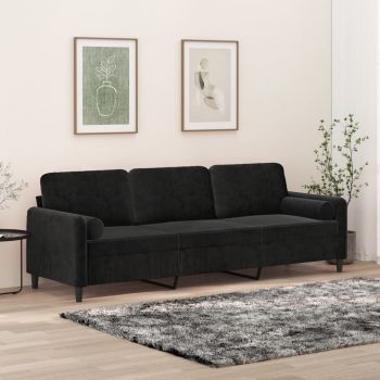 vidaXL Canapea cu 3 locuri cu perne&pernuțe, negru, 210 cm, catifea