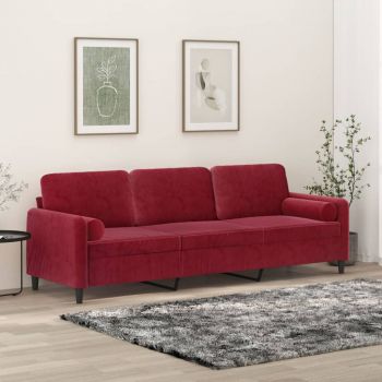 vidaXL Canapea cu 3 locuri cu perne&pernuțe, roșu vin, 210 cm, catifea