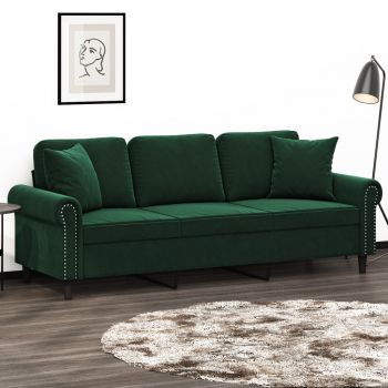 vidaXL Canapea cu 3 locuri cu perne, verde închis, 180 cm, catifea