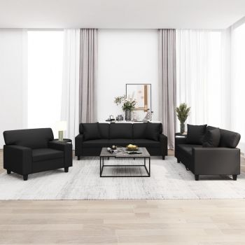 vidaXL Set de canapele cu perne, 3 piese, negru, piele ecologică