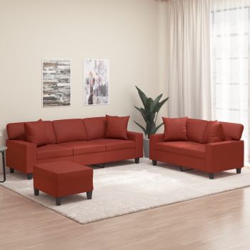 vidaXL Set de canapele cu perne, 3 piese, roșu vin, piele ecologică