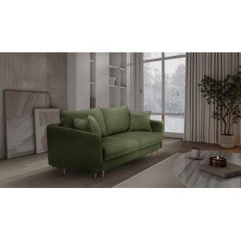 Canapea Extensibila, 3 Locuri, Lada de Depozitare, tapitata cu stofa, Perne Incluse, Volio Velvet Verde Olive, l221xA100xH90 cm