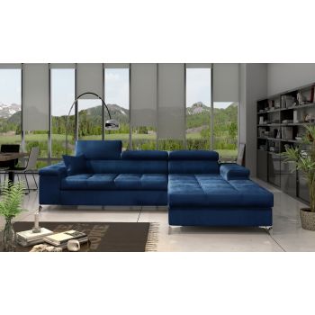 Coltar Extensibil Ricky Plus Bleumarin cu Lada de Depozitare, Sezlong pe Dreapta, Tetiere Reglabile, Perna Inclusa, l280xA205xH70-90 cm