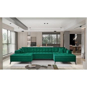 Coltar Extensibil Vertis Plus Verde cu Sezlong Universal (pe Stanga sau pe Dreapta), Perne Incluse, l350xA170xH93 cm