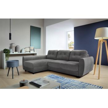 Coltar Hampton Gri Extensibil, Sezlong pe Stanga, tapitat cu Stofa, cu Lada de Depozitare, Perne Incluse, l236xA167xH89 cm