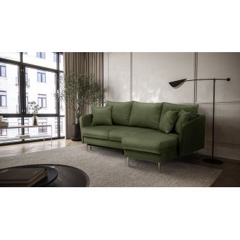 Coltar Volio Velvet Verde Olive Extensibil, Sezlong pe Dreapta, tapitat cu Stofa, cu Lada de Depozitare, Perne Incluse, l223xA145xH90 cm