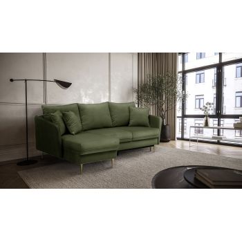 Coltar Volio Velvet Verde Olive Extensibil, Sezlong pe Stanga, tapitat cu Stofa, cu Lada de Depozitare, Perne Incluse, l223xA145xH90 cm