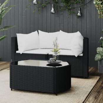 vidaXL Set mobilier de grădină cu perne, 3 piese, negru, poliratan vidaXL Set mobilier de grădină cu perne, 3 piese, negru, poliratan