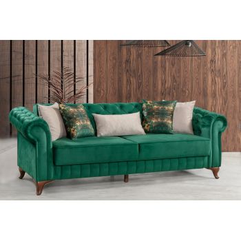 Canapea Extensibila, 3 Locuri, Lada de Depozitare, tapitata cu stofa, Pedesa Velvet Verde, l235xA90xH85 cm