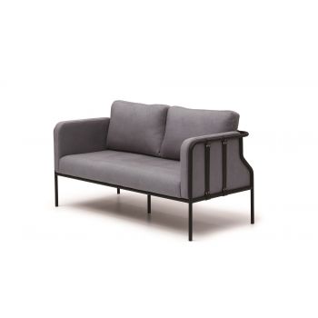 Canapea Fixa, 2 Locuri, tapitata cu stofa si piele ecologica, Belty Gri / Negru, l152xA70xH80 cm