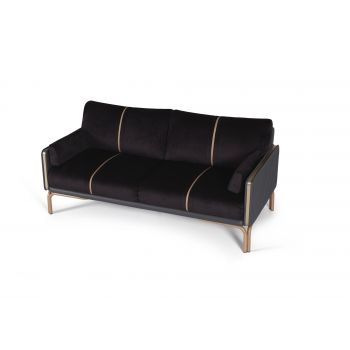 Canapea Fixa, 3 Locuri, tapitata cu stofa si piele ecologica, Sepya Negru / Auriu, l170xA88xH85 cm