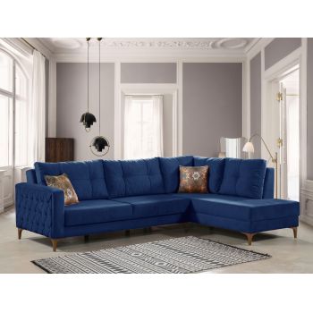 Coltar Cinar Velvet Bleumarin Extensibil, Sezlong pe Dreapta, tapitat cu Stofa, Perne Incluse, l288xA195xH75 cm