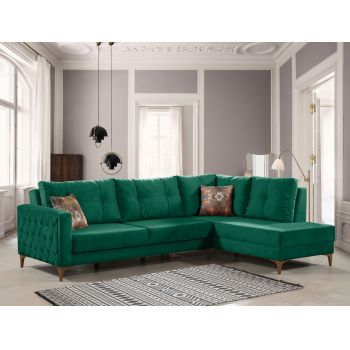 Coltar Cinar Velvet Verde Extensibil, Sezlong pe Dreapta, tapitat cu Stofa, Perne Incluse, l288xA195xH75 cm