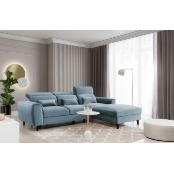 Coltar Extensibil Fobleros Plus Velvet Bleu cu Lada de Depozitare, Sezlong pe Dreapta, Tetiere Reglabile, l267xA196xH83-100 cm