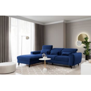Coltar Extensibil Fobleros Plus Bleumarin cu Lada de Depozitare, Sezlong pe Stanga, Tetiere Reglabile, l267xA196xH83-100 cm