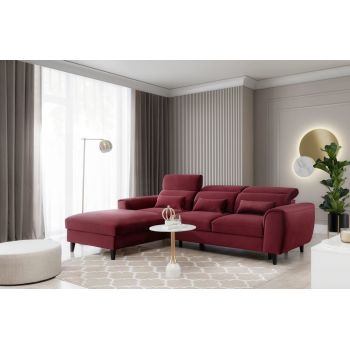 Coltar Extensibil Fobleros Plus Bordeaux cu Lada de Depozitare, Sezlong pe Stanga, Tetiere Reglabile, l267xA196xH83-100 cm