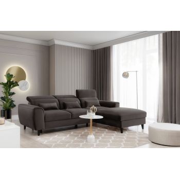 Coltar Extensibil Fobleros Plus Maro Inchis cu Lada de Depozitare, Sezlong pe Dreapta, Tetiere Reglabile, l267xA196xH83-100 cm