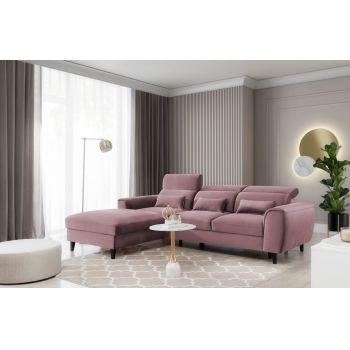 Coltar Extensibil Fobleros Plus Roz cu Lada de Depozitare, Sezlong pe Stanga, Tetiere Reglabile, l267xA196xH83-100 cm