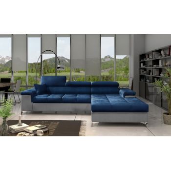 Coltar Extensibil Ricky Plus Bleumarin / Gri Deschis cu Lada de Depozitare, Sezlong pe Dreapta, Tetiere Reglabile, Perna Inclusa, l280xA205xH70-90 cm