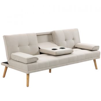 HOMCOM Canapea extensibila extensibila cu 3 locuri in stil scandinav, cu 2 cotiere detasabile si tapiterie, bej | Aosom Romania
