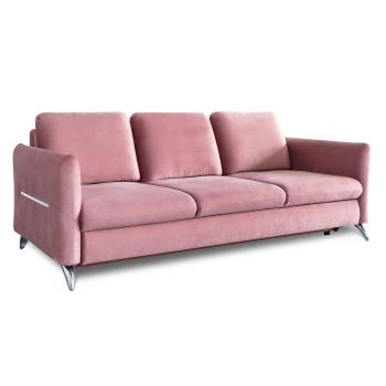 Canapea Extensibila, 3 Locuri, tapitata cu stofa, Spatar Reglabil, Tangit Velvet Roz / Crom, l256xA114xH90 cm