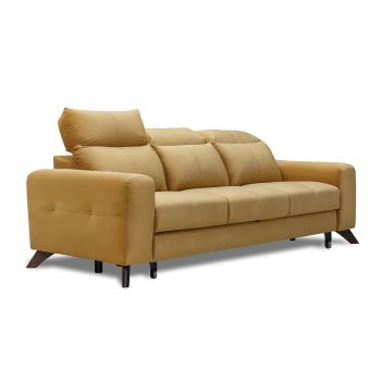 Canapea Extensibila, 3 Locuri, tapitata cu stofa, Tetiere Reglabile, Imperius Velvet Mustariu, l237xA104xH84-100 cm