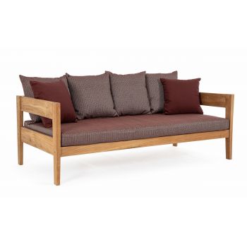 Canapea fixa pentru gradina / terasa, din lemn de tec, cu perne detasabile, 3 locuri, Kobo Burgundy / Natural, l190xA90xH79 cm Canapea fixa pentru gradina / terasa, din lemn de tec, cu perne detasabile, 3 locuri, Kobo Burgundy / Natural, l190xA90xH79 cm
