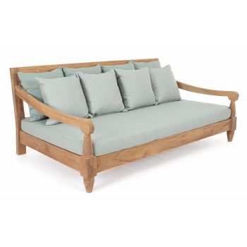 Canapea fixa pentru gradina / terasa, din lemn de tec, cu perne detasabile tapitate cu stofa, 3 locuri, Bali Bleu / Natural, l190xA112xH81 cm Canapea fixa pentru gradina / terasa, din lemn de tec, cu perne detasabile tapitate cu stofa, 3 locuri, Bali Bleu / Natural, l190xA112xH81 cm