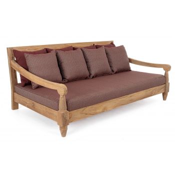 Canapea fixa pentru gradina / terasa, din lemn de tec, cu perne detasabile tapitate cu stofa, 3 locuri, Bali Burgundy / Natural, l190xA112xH81 cm Canapea fixa pentru gradina / terasa, din lemn de tec, cu perne detasabile tapitate cu stofa, 3 locuri, Bali Burgundy / Natural, l190xA112xH81 cm