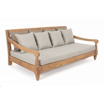Canapea fixa pentru gradina / terasa, din lemn de tec, cu perne detasabile tapitate cu stofa, 3 locuri, Bali Gri / Natural, l190xA112xH81 cm Canapea fixa pentru gradina / terasa, din lemn de tec, cu perne detasabile tapitate cu stofa, 3 locuri, Bali Gri / Natural, l190xA112xH81 cm