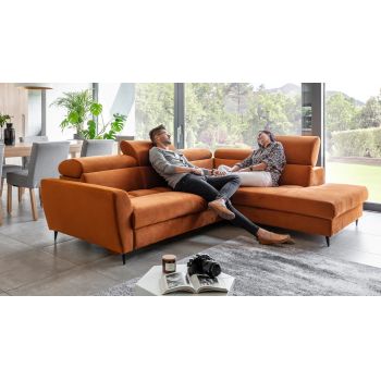 Coltar Extensibil Avisimo Velvet Caramiziu, Sezlong pe Dreapta, cu Lada de Depozitare, tapitat cu Stofa, Tetiere Reglabile, l270xA214xH78-101 cm
