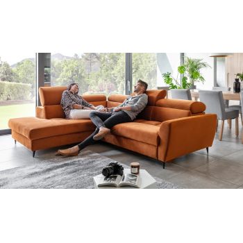 Coltar Extensibil Avisimo Velvet Caramiziu, Sezlong pe Stanga, cu Lada de Depozitare, tapitat cu Stofa, Tetiere Reglabile, l270xA214xH78-101 cm