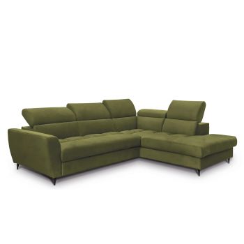 Coltar Extensibil Avisimo Velvet Verde Olive, Sezlong pe Dreapta, cu Lada de Depozitare, tapitat cu Stofa, Tetiere Reglabile, l270xA214xH78-101 cm