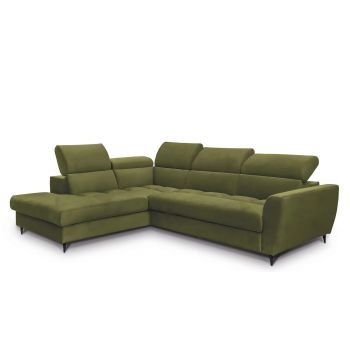 Coltar Extensibil Avisimo Velvet Verde Olive, Sezlong pe Stanga, cu Lada de Depozitare, tapitat cu Stofa, Tetiere Reglabile, l270xA214xH78-101 cm