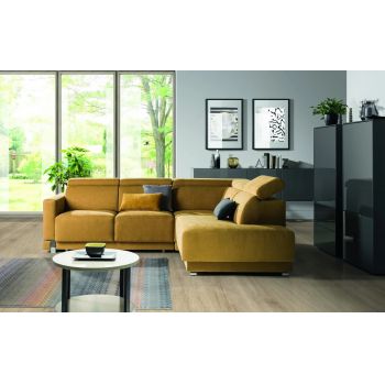 Coltar Extensibil Bellisimi Medium Mustariu, Sezlong pe Dreapta, cu Lada de Depozitare, tapitat cu Stofa, Tetiere Reglabile, l265xA209xH85-103 cm