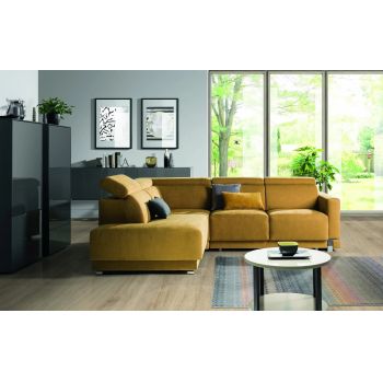 Coltar Extensibil Bellisimi Medium Mustariu, Sezlong pe Stanga, cu Lada de Depozitare, tapitat cu Stofa, Tetiere Reglabile, l265xA209xH85-103 cm