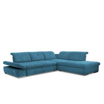 Coltar Extensibil Editis Large Teal, Sezlong pe Dreapta, cu Lada de Depozitare, tapitat cu Stofa, Spatar Reglabil, Tetiere si Cotiere Reglabile, l314xA251xH82-97 cm