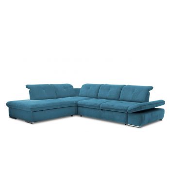 Coltar Extensibil Editis Large Teal, Sezlong pe Stanga, cu Lada de Depozitare, tapitat cu Stofa, Spatar Reglabil, Tetiere si Cotiere Reglabile, l314xA251xH82-97 cm