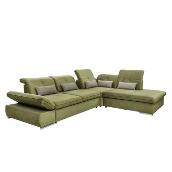 Coltar Extensibil Editis Large Velvet Verde Olive, Sezlong pe Dreapta, cu Lada de Depozitare, tapitat cu Stofa, Spatar Reglabil, Tetiere si Cotiere Reglabile, l314xA251xH82-97 cm