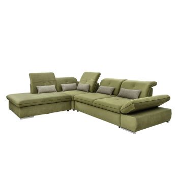 Coltar Extensibil Editis Large Velvet Verde Olive, Sezlong pe Stanga, cu Lada de Depozitare, tapitat cu Stofa, Spatar Reglabil, Tetiere si Cotiere Reglabile, l314xA251xH82-97 cm