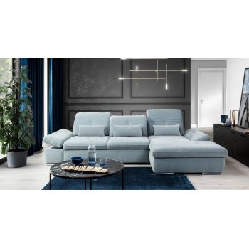 Coltar Extensibil Editis Small Bleu, Sezlong pe Dreapta, cu Lada de Depozitare, tapitat cu Stofa, Spatar Reglabil, Tetiere si Cotiere Reglabile, l312xA186xH82-97 cm