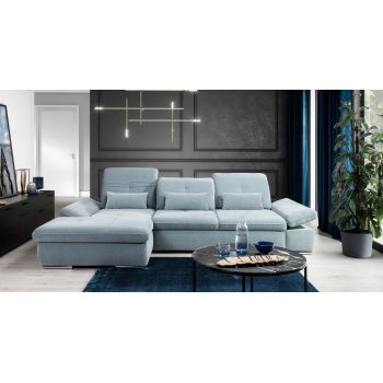 Coltar Extensibil Editis Small Bleu, Sezlong pe Stanga, cu Lada de Depozitare, tapitat cu Stofa, Spatar Reglabil, Tetiere si Cotiere Reglabile, l312xA186xH82-97 cm